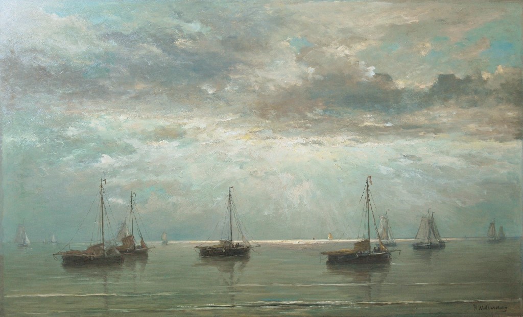 Bomschuiten voor anker bij zonsondergang
